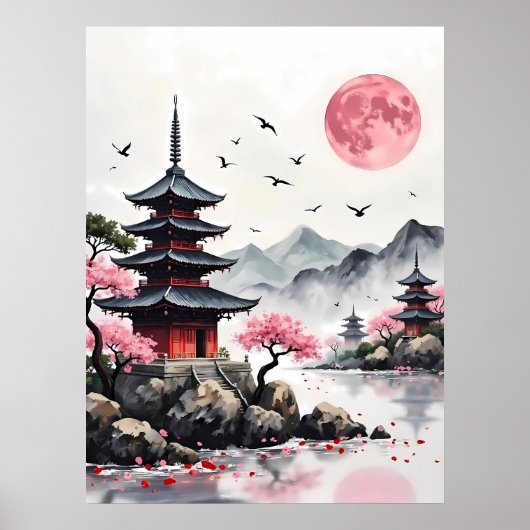 Pink Moon über Pagoda Poster (Vorne)
