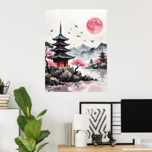 Pink Moon über Pagoda Poster