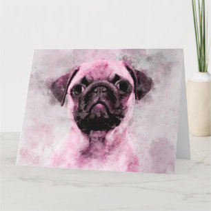 Pink Mops Dog Watercolor Portrait 02 Dankeskarte