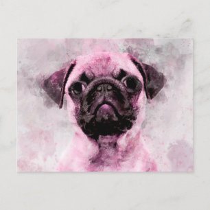 Pink Mops Dog Watercolor Portrait 02 Postkarte