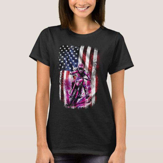 Pink Motocross Girl American Patriotic Flag T-Shirt (Vorderseite)