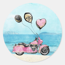 Pink Motorrad am Strand Hochzeitsaufkleber Runder Aufkleber