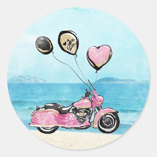 Pink Motorrad am Strand Hochzeitsaufkleber Runder Aufkleber (Vorderseite)