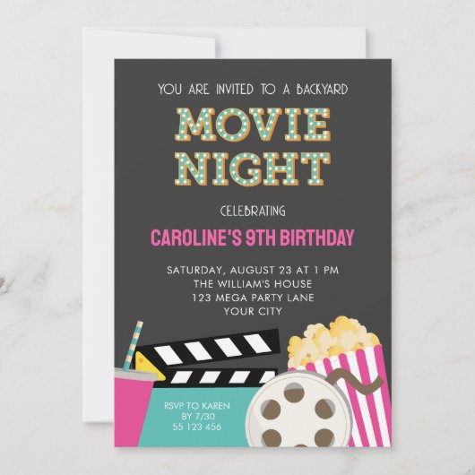 PINK MOVIE NIGHT PARTY EINLADUNG (Vorderseite)