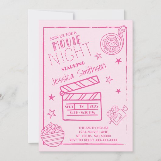 Pink Movie Night Partys Geburtstag Einladung (Vorderseite)