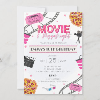 Pink Movie & Pizza Night Birthday Party Einladung
