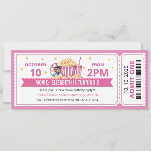 Pink Movie ticket birthday invitation Einladung (Vorderseite)