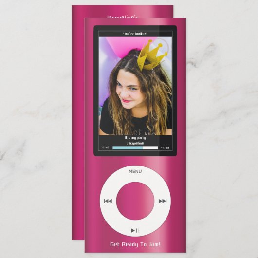 Pink MP3 Music Player II Birthday Einladung (Vorne/Hinten)