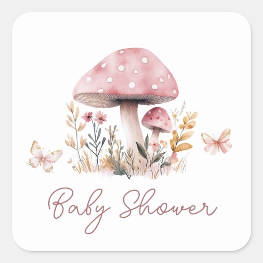Pink Mushroom Girl Babydusche Square Quadratischer Aufkleber (Vorderseite)