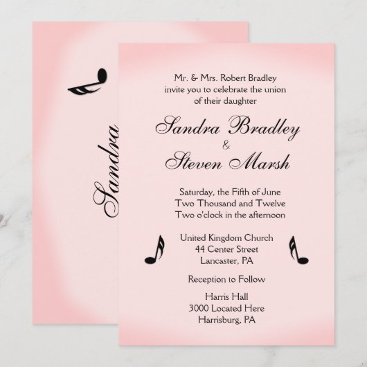 Pink Music Theme Wedding Einladung (Vorne/Hinten)