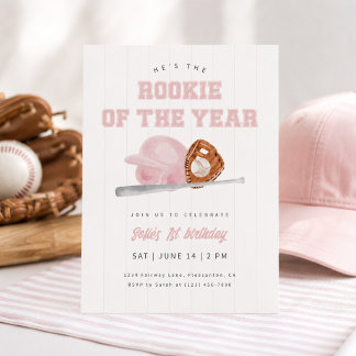 Pink Nachwuchsspieler Baseball Erster Geburtstag Einladung
