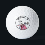Pink Name Monogram Golfball<br><div class="desc">This cute modern monogram golf ball design features the top part of a watercolor pink golf bag with clubs sticking out, giving it a fun and stylish vibe. A simple black line circles the entire design for a clean finish, while the name monogram curves around the top edge for a...</div>