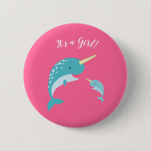 Pink Narwhal Baby Dusche Button