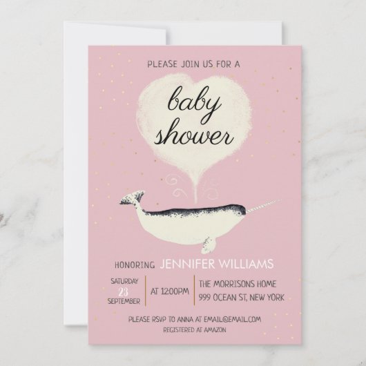 Pink Narwhal Whale Girl Babydusche Einladung (Vorderseite)