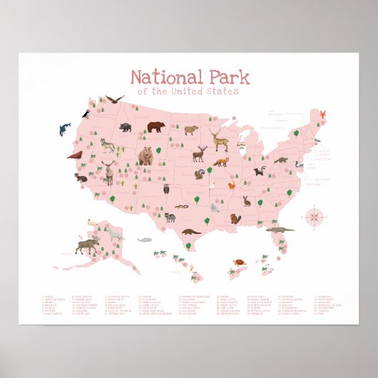 Pink National Park Map Woodland Kinderzimmer Print Poster (Vorne)