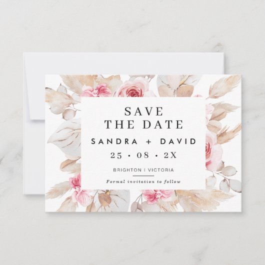 Pink Natural Tones Pampas Save the Date Karte (Vorderseite)