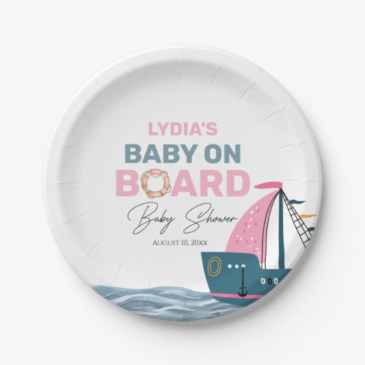 Pink Nautical Baby an Bord Baby Dusche Pappteller (Vorderseite)