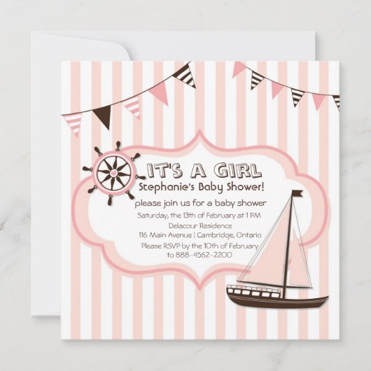 Pink Nautical Party Banner Kinderdusche Einladung (Vorderseite)