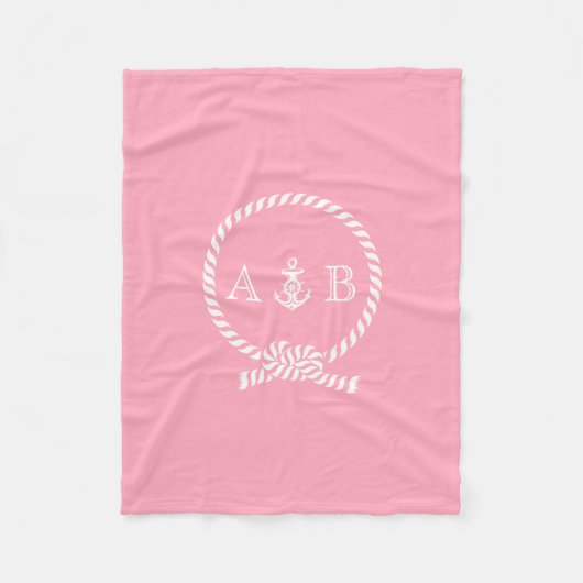 Pink Nautical Rope and Anchor Mit Monogramm Fleecedecke (Vorderseite)