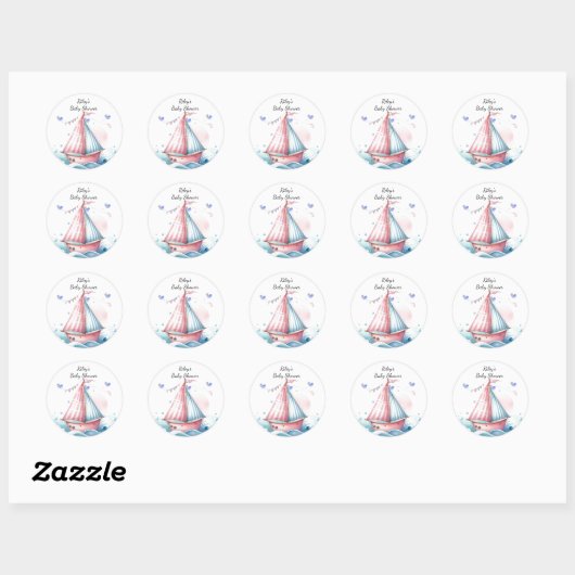 Pink Nautical Sailboat Baby Shower Classic Runder Aufkleber (Blatt)