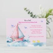 Pink Nautical Sailboat Kinderdusche Einladung (Stehend Vorderseite)