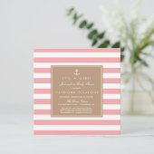 Pink Nautical Stripes Kinderdusche Einladung (Stehend Vorderseite)