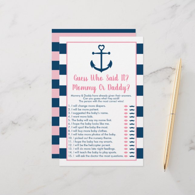 Pink Navy Anchor Guess, die sagte, es Duschspiel (Vorderseite/Rückseite Beispiel)