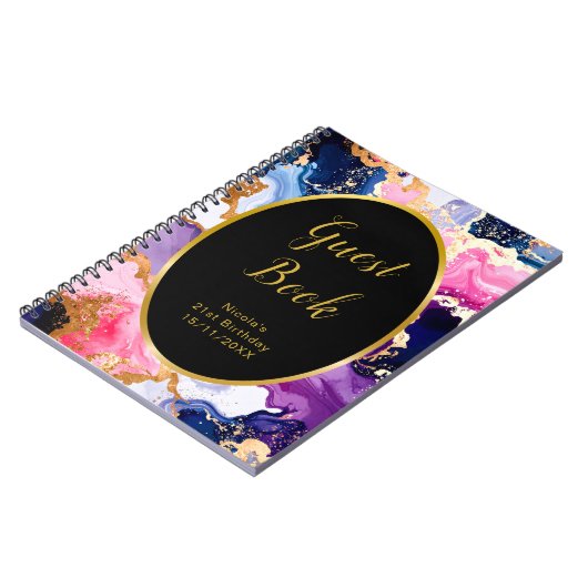 Pink, Navy Blue and Gold Ink Birthday Guest Book Notizblock (Linke Seite)