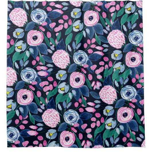 Pink Navy Blue Floral Bouquet Wasserfarben Muster Duschvorhang (Vorderseite)