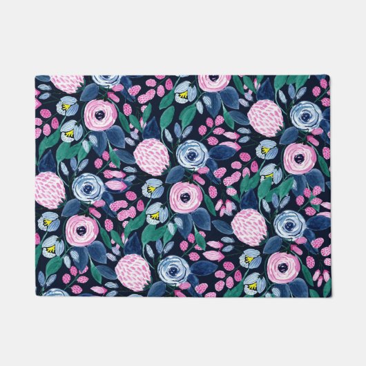 Pink Navy Blue Floral Bouquet Wasserfarben Muster Fußmatte (Vorderseite)