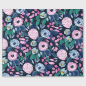 Pink Navy Blue Floral Bouquet Wasserfarben Muster Geschenkpapier (Flach)