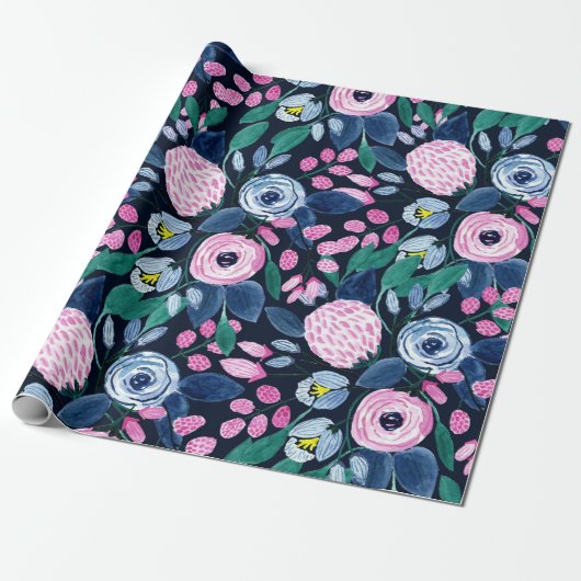 Pink Navy Blue Floral Bouquet Wasserfarben Muster Geschenkpapier (Ungerollt)