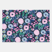 Pink Navy Blue Floral Bouquet Wasserfarben Muster Geschenkpapier Set (Vorderseite)