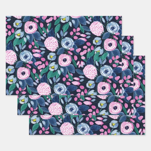 Pink Navy Blue Floral Bouquet Wasserfarben Muster Geschenkpapier Set (Set)