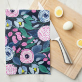 Pink Navy Blue Floral Bouquet Wasserfarben Muster Geschirrtuch (Viertel Falte)