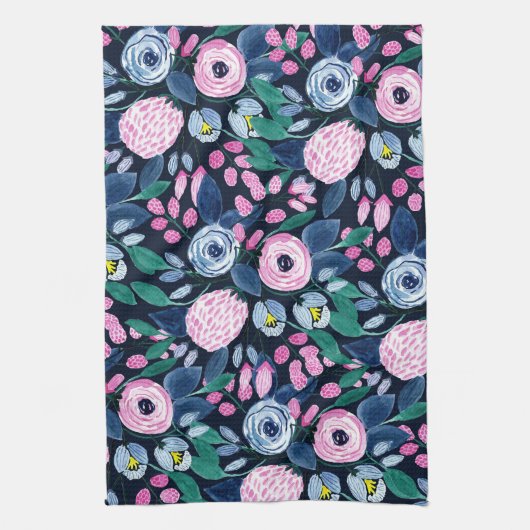 Pink Navy Blue Floral Bouquet Wasserfarben Muster Geschirrtuch (Vertikal)