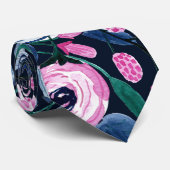 Pink Navy Blue Floral Bouquet Wasserfarben Muster Krawatte (Gerollt)