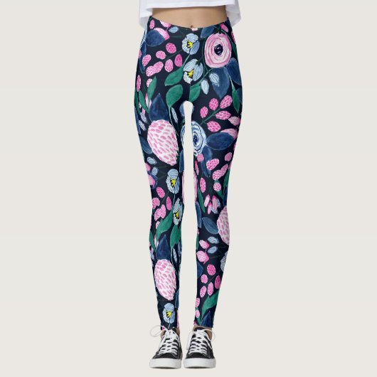 Pink Navy Blue Floral Bouquet Wasserfarben Muster Leggings (Vorderseite)