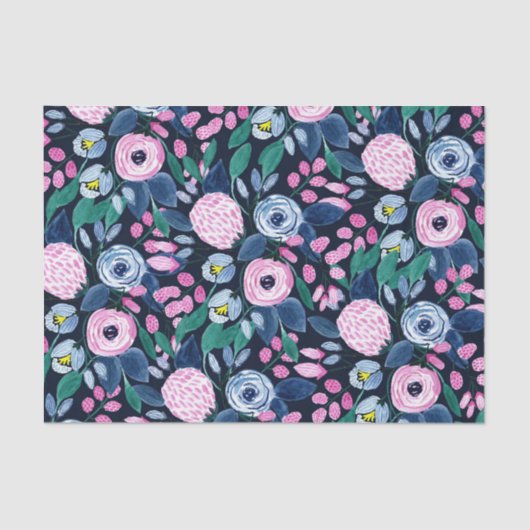 Pink Navy Blue Floral Bouquet Wasserfarben Muster Seidenpapier (Vorderseite)