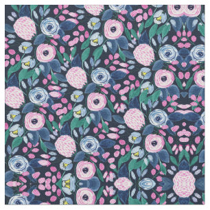 Pink Navy Blue Floral Bouquet Wasserfarben Muster Stoff