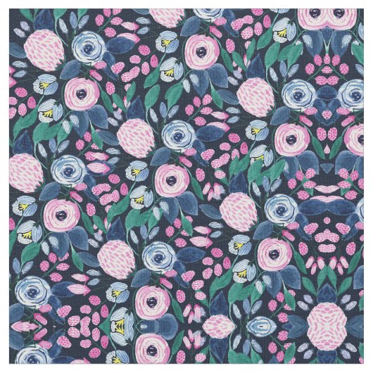 Pink Navy Blue Floral Bouquet Wasserfarben Muster Stoff (Nahaufnahme)