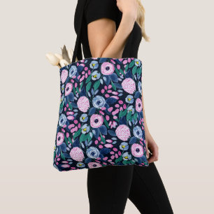Pink Navy Blue Floral Bouquet Wasserfarben Muster Tasche
