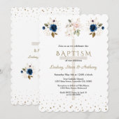 Pink Navy Blue Floral Gold Triplets Baptism   Einladung (Vorne/Hinten)
