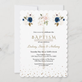 Pink Navy Blue Floral Gold Triplets Baptism   Einladung