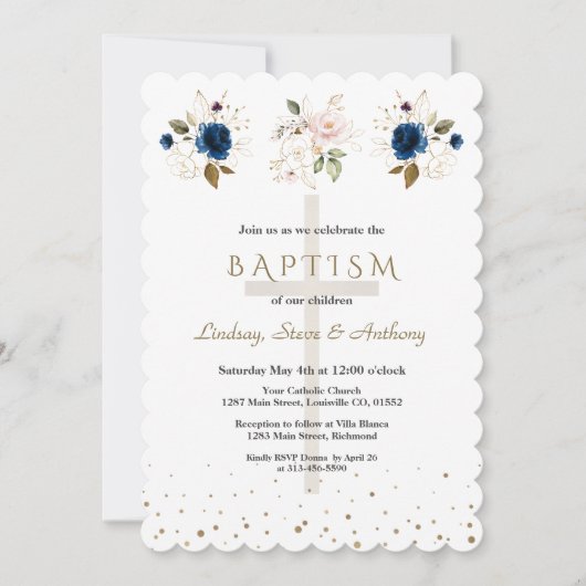 Pink Navy Blue Floral Gold Triplets Baptism   Einladung (Vorderseite)