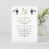 Pink Navy Blue Floral Gold Triplets Baptism   Einladung (Stehend Vorderseite)