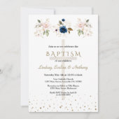 Pink Navy Blue Flowers Gold Triplets Baptism   Einladung (Vorderseite)