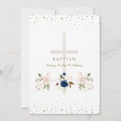 Pink Navy Blue Flowers Gold Triplets Baptism   Einladung (Rückseite)