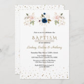 Pink Navy Blue Flowers Gold Triplets Baptism   Einladung (Vorne/Hinten)
