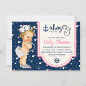 Pink Navy Blue Girl Nautical Baby Dusche Einladung (Vorderseite)
